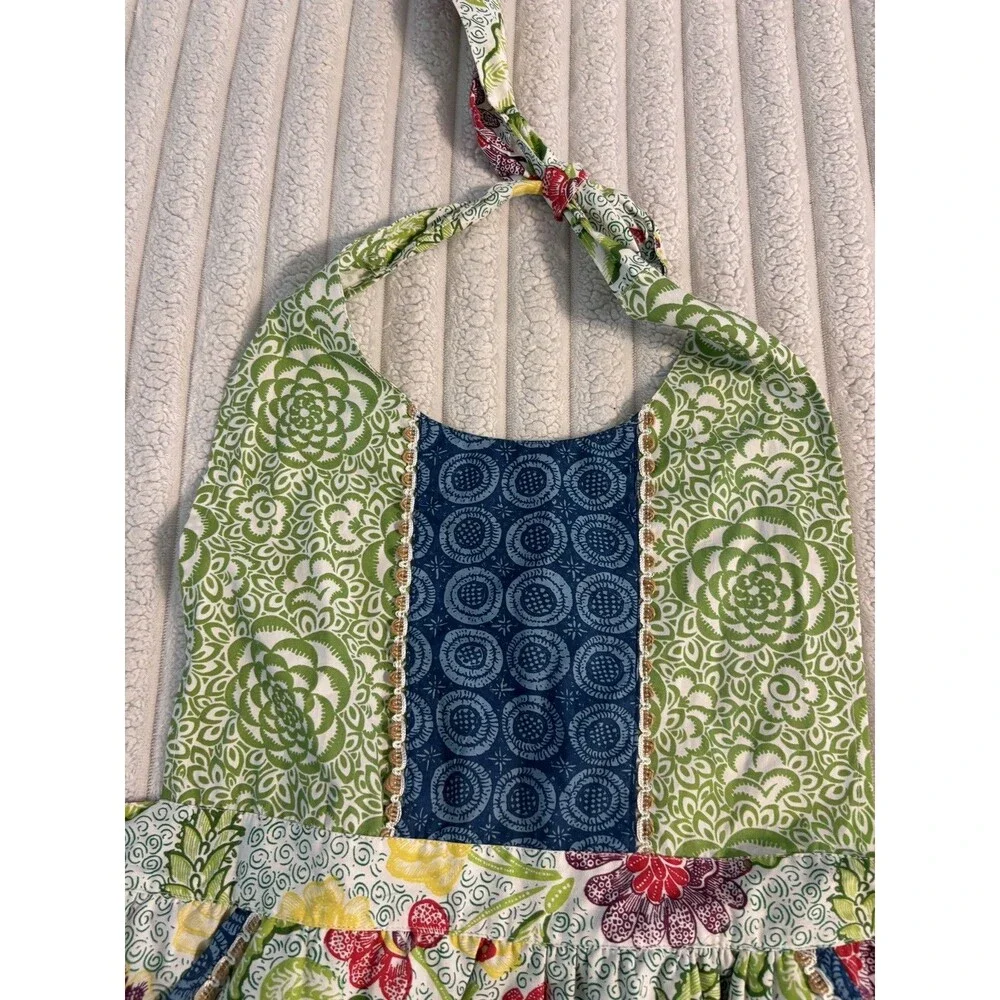 Anthropologie Mixed Floral Patchwork Cotton Halter Apron Blue Green Pink boho